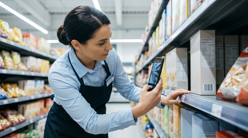 Retail worker aiming a smartphone camera at the barcode on a boxed product still on the shelf