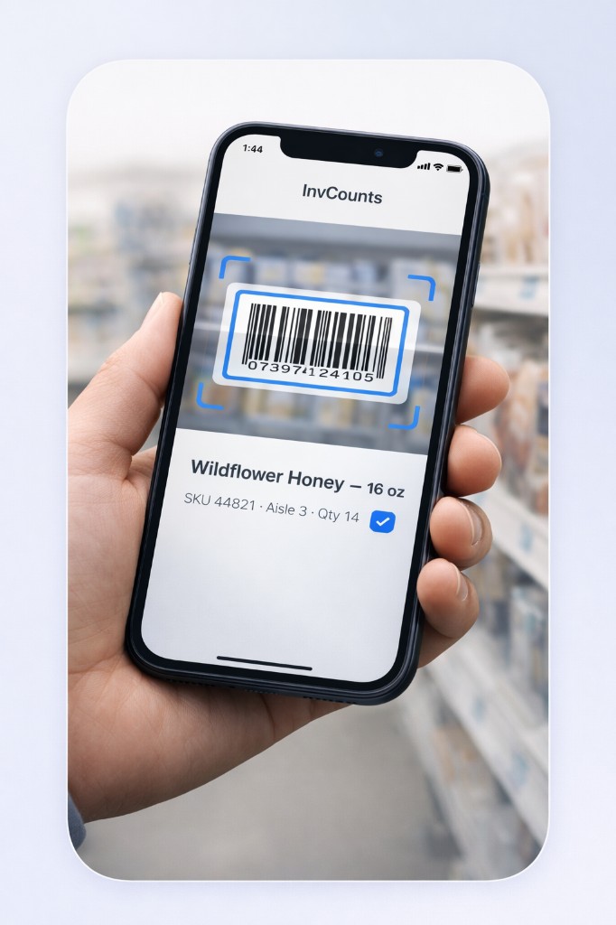 InvCounts mobile app scanning a product barcode in a store aisle
