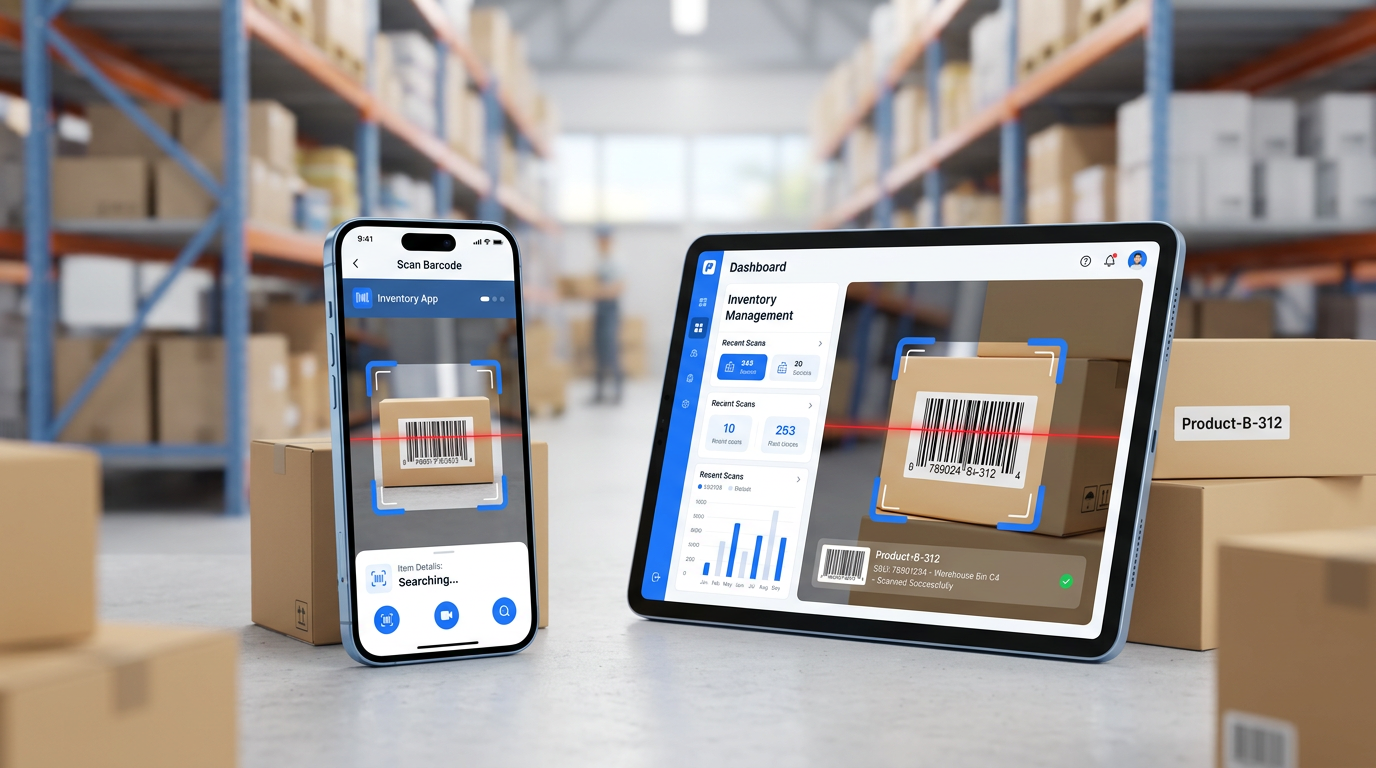 Smartphone and tablet showing InvCounts inventory screens with barcode scan frames over product labels